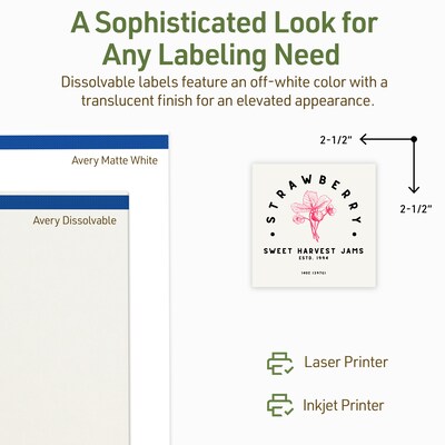 Avery Dissolvable Square Multipurpose Labels, 2.5" x 2.5", Off-white, 45/Pack (94104)