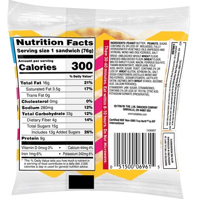 Smuckers Uncrustables Wheat Peanut Butter & Strawberry Jam Sandwiches, 2.6 oz., 48/Count (220-02220)