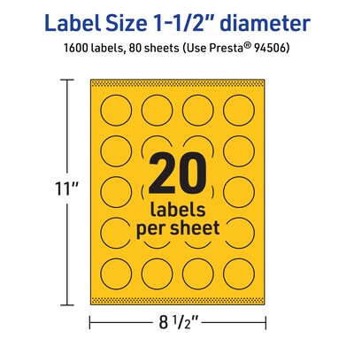 Avery Laser/Inkjet Round Multipurpose Labels, 1.5" Dia., Bright Yellow, 1600/Box (94506)