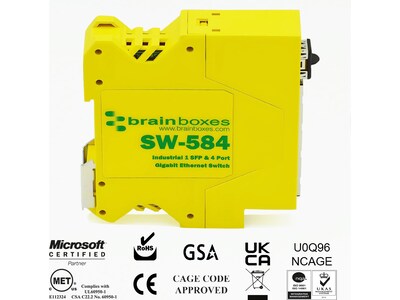 Brainboxes Industrial 4-Port Gigabit Ethernet Unmanaged Switch, Yellow (SW-584)