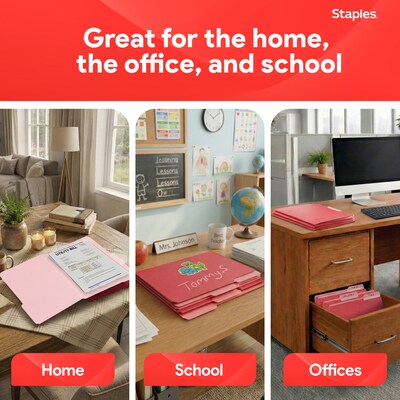Staples File Folders, 1/3-Cut Tab, Letter Size, Red, 100/Box (ST224519-CC)
