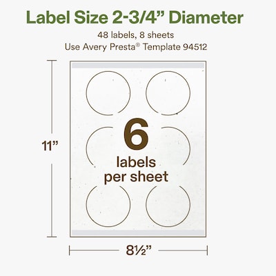 Avery Hemp Round Laser/Inkjet Multipurpose Labels, 2-3/4" Dia, Off-White (48/Pack)
