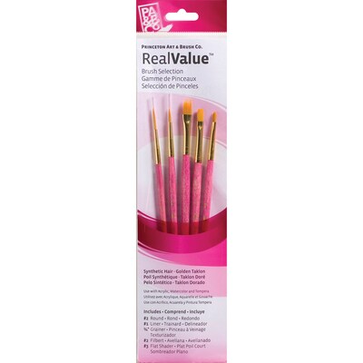 Princeton RealValue Mixed Media Gold Synthetic Taklon Brush, Pink, 5/Set, 3 Sets/Bundle (PBXPR9184-3