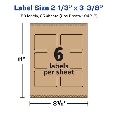 Avery Laser/Inkjet Rectangle Multipurpose Labels, 2-1/3" x 3-3/8", Kraft Brown, 150 Labels/Pack ( 94212)