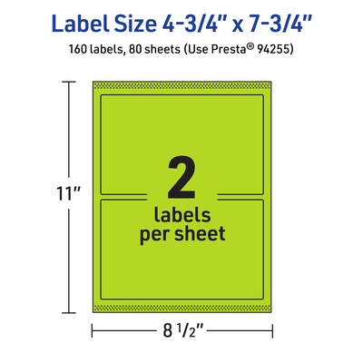 Avery Printable Rectangle Multipurpose Labels, 4.75" x 7.75", Bright Green, 160/Box (94255)
