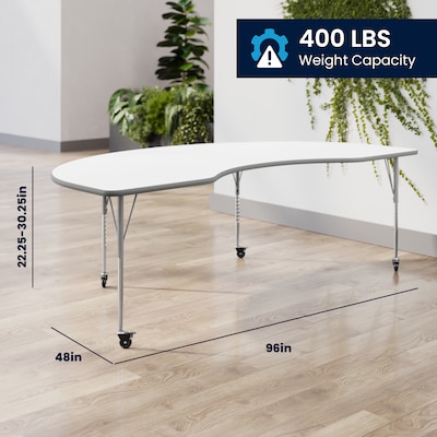 Flash Furniture Wren Kidney Activity Table, 96" x 48", Height Adjustable, White Top/Silver Frame (XUA4896KDWHTAC)