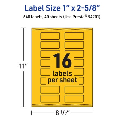 Avery Rectangle Laser/Inkjet Multipurpose Labels, 1" x 2-5/8", Bright Yellow (640/Box)