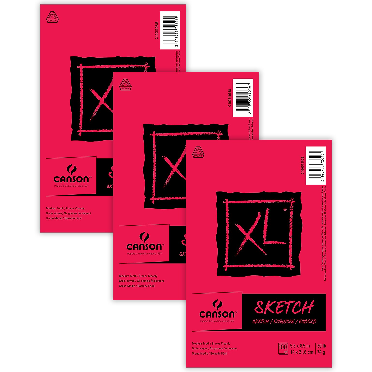 Canson XL Series 5.5 x 8.5 Sketch Pad, 100 Sheets/Pad, 3/Bundle (MCXC100510938-3)