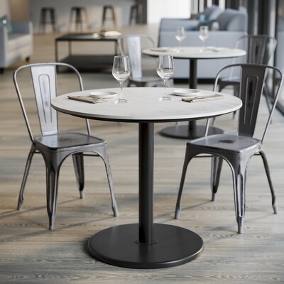 Flash Furniture Acadia 36" Round Wooden Dining Table with Round Base, White Faux Marble/Black Base (STRD36WMATR24)