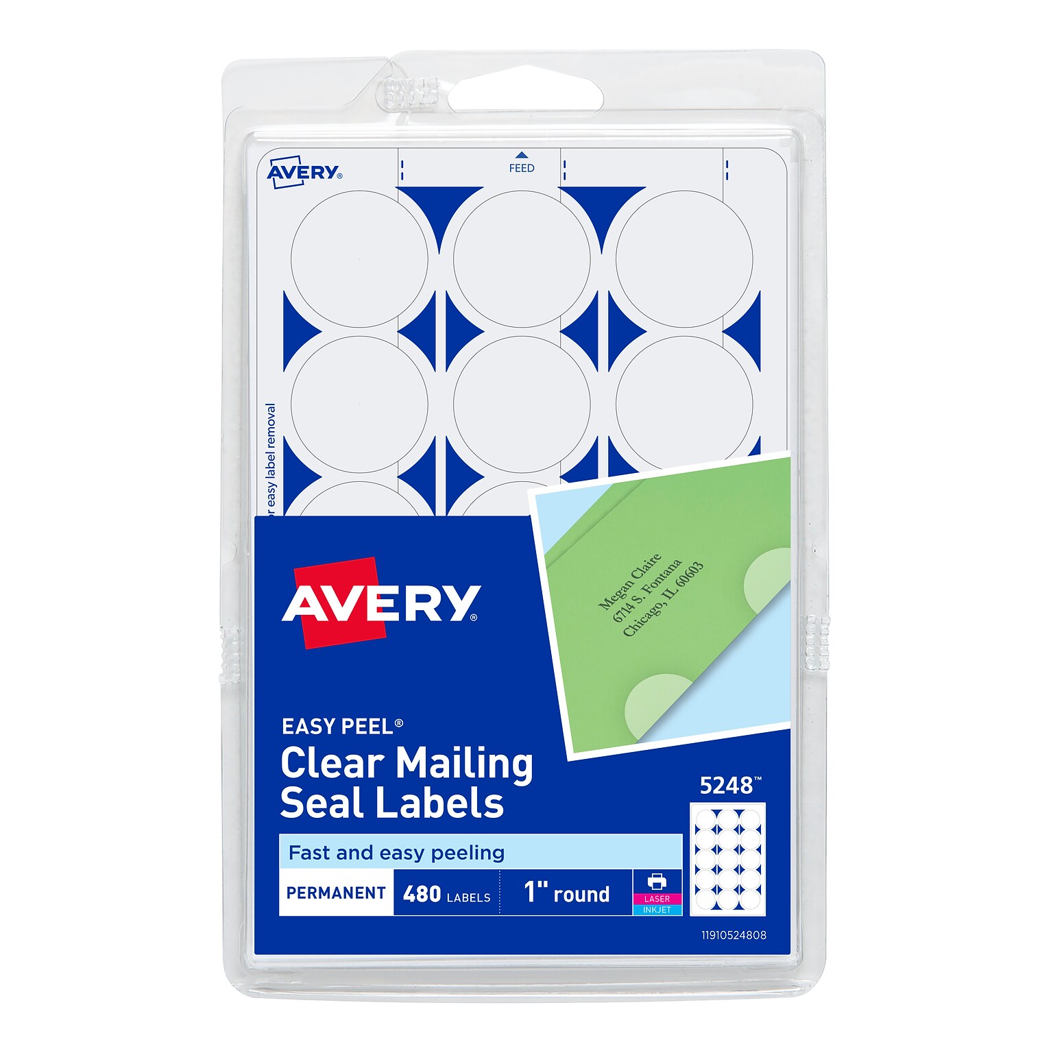 Avery Laser/Inkjet Mailing Seals, 1 Diameter, Glossy Clear, 15 Seals/Sheet, 32 Sheets/Pack, 480 Seals/Pack (5248)