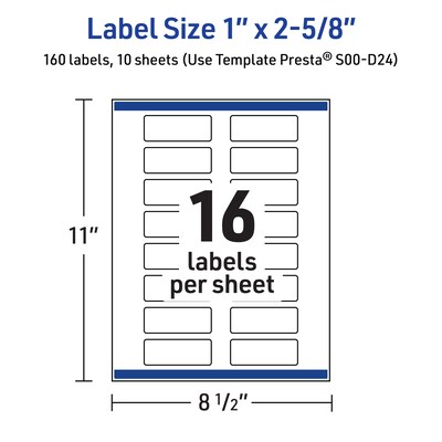 Avery Laser/Inkjet Rectangle Multipurpose Labels, 1" x 2-5/8", White, 160/Pack (S00-D24)