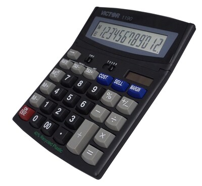Victor Technology 12-Digit Battery/Solar Powered Basic Calculator, Black (1190)