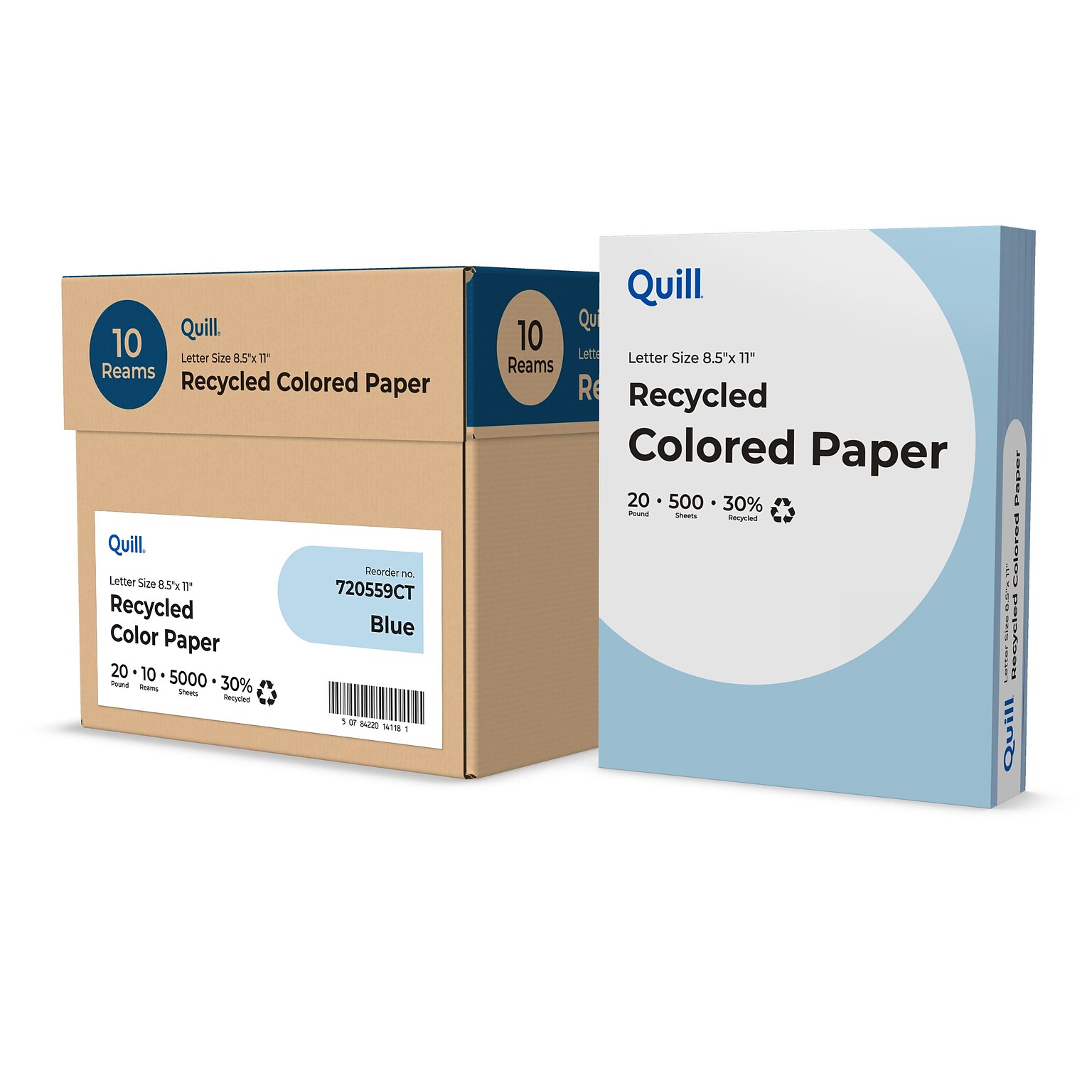 Quill Brand® 30% Recycled Colored Multipurpose Paper, 20 lbs., 8.5 x 11, Blue, 500 Sheets/Ream, 10 Reams/Carton (720559CT)