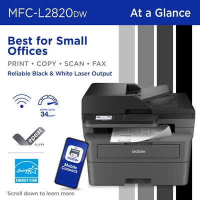 Brother MFC-L2820DW Wireless Compact Monochrome All-in-One Laser Printer with Copy, Scan and Fax, Refresh Subscription Ready