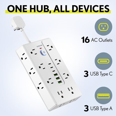Overtime OS70 22-in-1 Multi-Port Power Strip with 16 AC Outlets, 3 USB-A & 3 USB-C Ports, White (OADOS70)