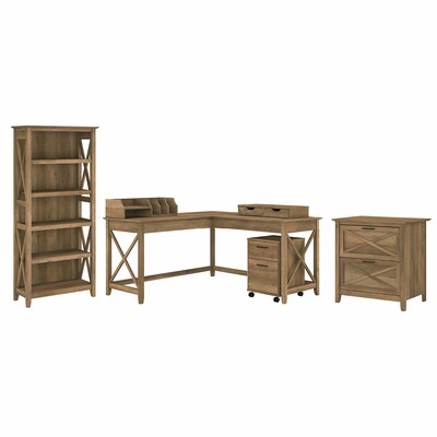 Bush Furniture Key West 60 L-Shaped Desk with File Cabinets, Bookcase and Desktop Organizers, Reclaimed Pine (KWS018RCP)