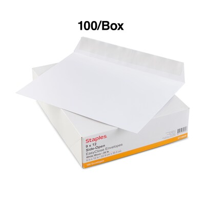 Staples Wove Side-Opening EasyClose Booklet Envelopes, 9" x 12", White, 100/Box