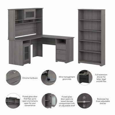 Bush Furniture Cabot 60"W L Shaped Computer Desk with Hutch and 5 Shelf Bookcase, Modern Gray (CAB011MG)