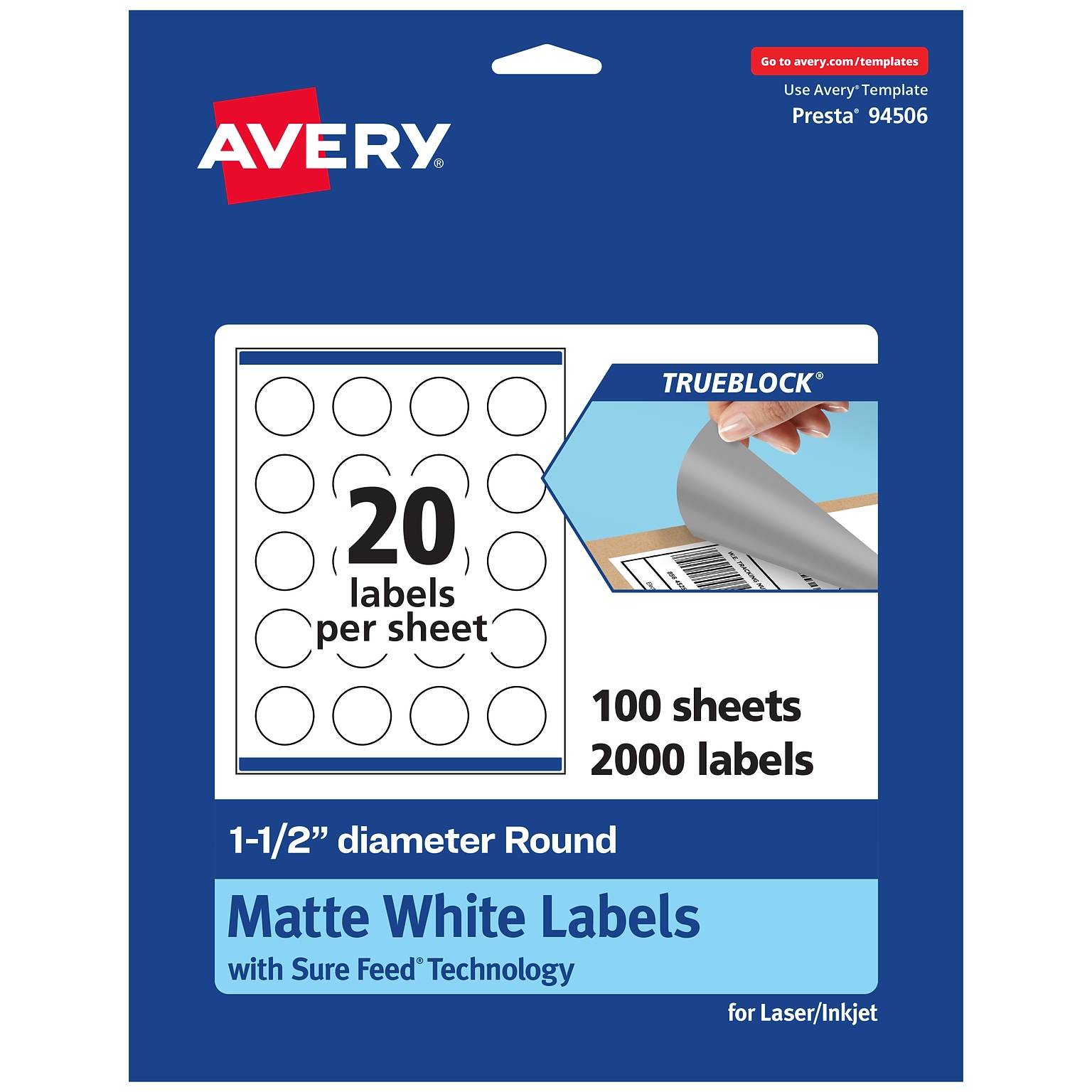 Avery Laser/Inkjet Round Multipurpose Labels, White, 20 Labels/Sheet, 100 Sheets/Pack (94506-TWMP100)