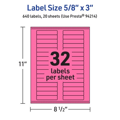 Avery Laser/Inkjet Rectangle Multipurpose Labels, 5/8" x 3", Bright Pink, 640/Pack (94214)