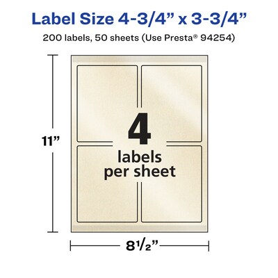 Avery Pearlized Ivory Rectangle Multipurpose Labels, 4.75" x 3.75", Ivory, 200/Box (94254)