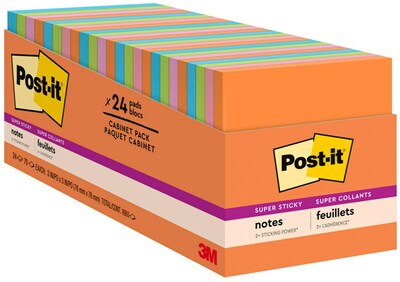 Post-it® Super Sticky Notes Cabinet Pack, 3 x 3, Energy Boost Collection, 70 Sheets/Pad, 24 Pads/P
