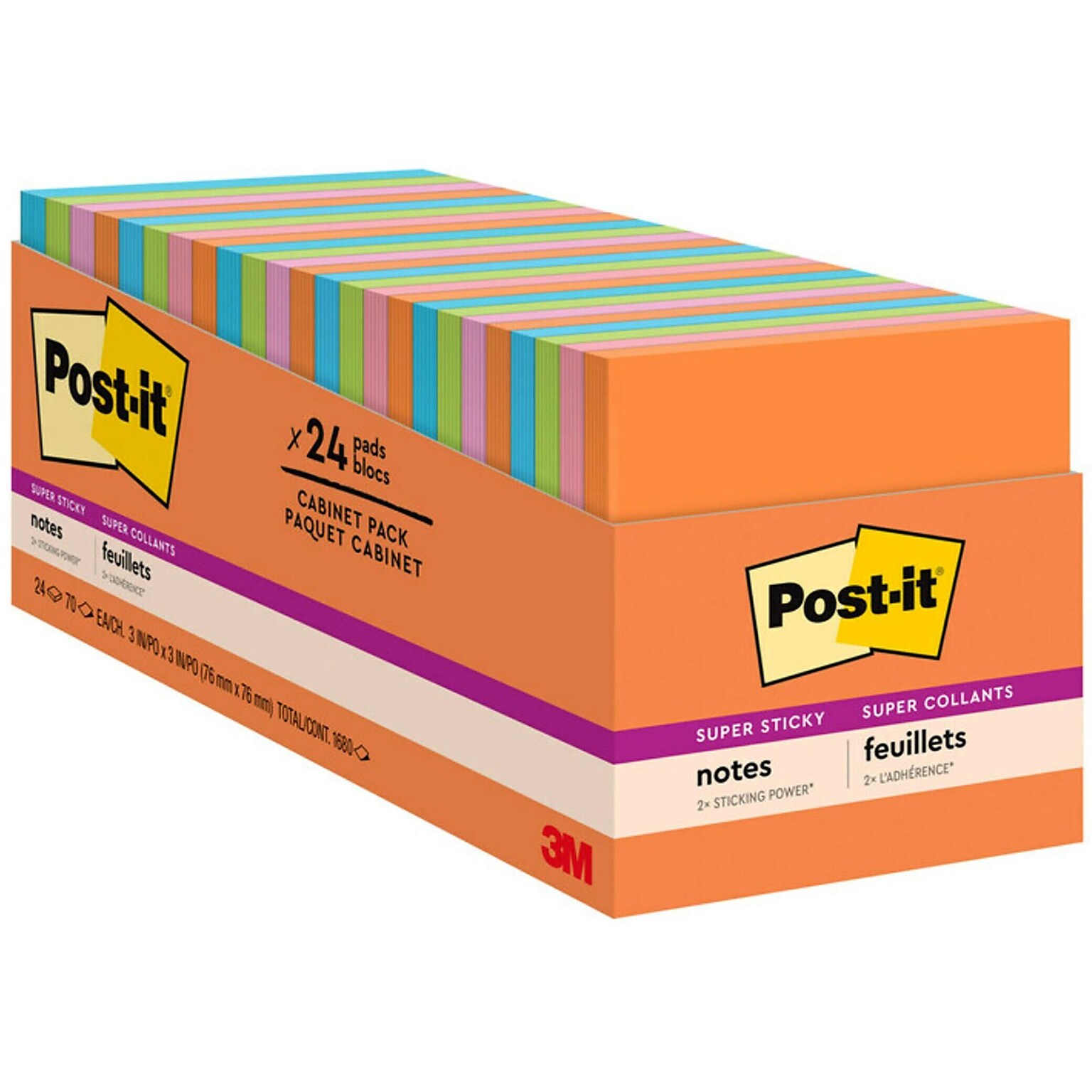Post-it® Super Sticky Notes Cabinet Pack, 3 x 3, Energy Boost Collection, 70 Sheets/Pad, 24 Pads/Pack (654-24SSAU-CP)