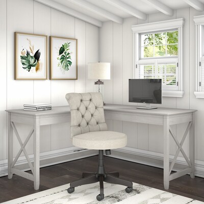 Bush Furniture Key West 60"W L Shaped Desk with Mid Back Tufted Office Chair, Linen White Oak (KWS045LW)