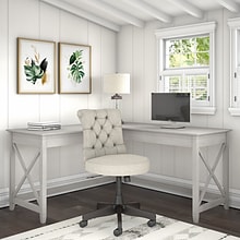 Bush Furniture Key West 60W L Shaped Desk with Mid Back Tufted Office Chair, Linen White Oak (KWS04