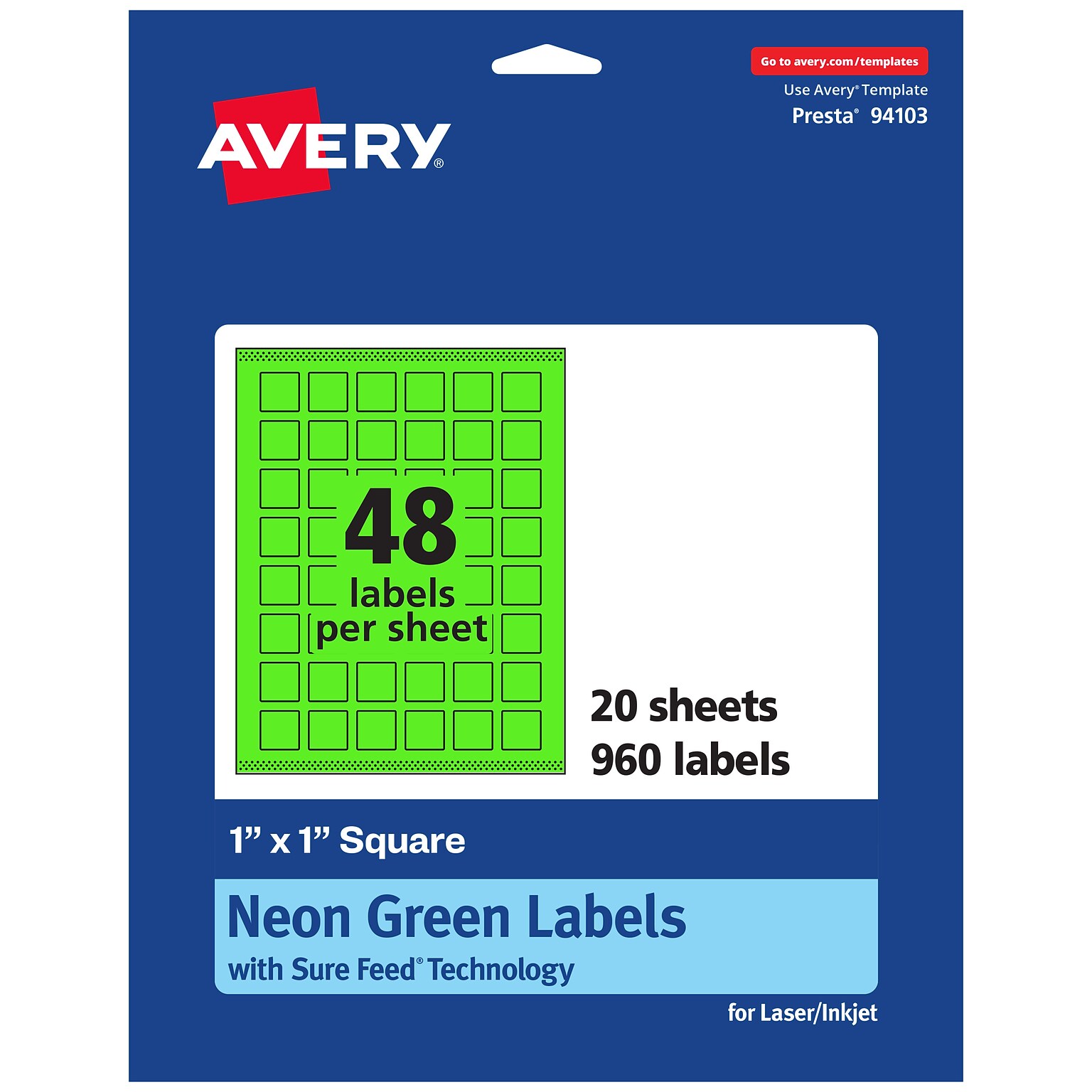 Avery Laser/Inkjet Multipurpose Square Labels, 1 x 1, Neon Green, 960/Pack (94103)