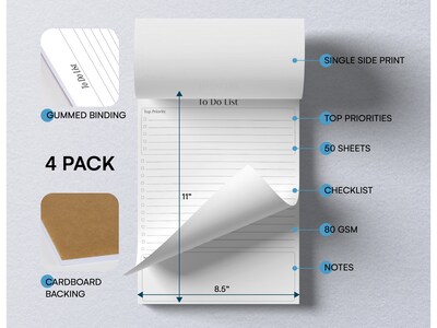Better Office To-Do List Notepad, 8.5 x 11, Ruled, White, 50 Sheets/Pad, 4 Pads/Pack (25833-4PK)