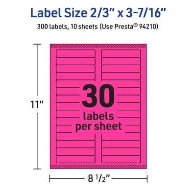 Avery Laser/Inkjet Rectangle Multipurpose Labels, 2/3" x 3-7/16", Neon Magenta, 300/Pack (94210)