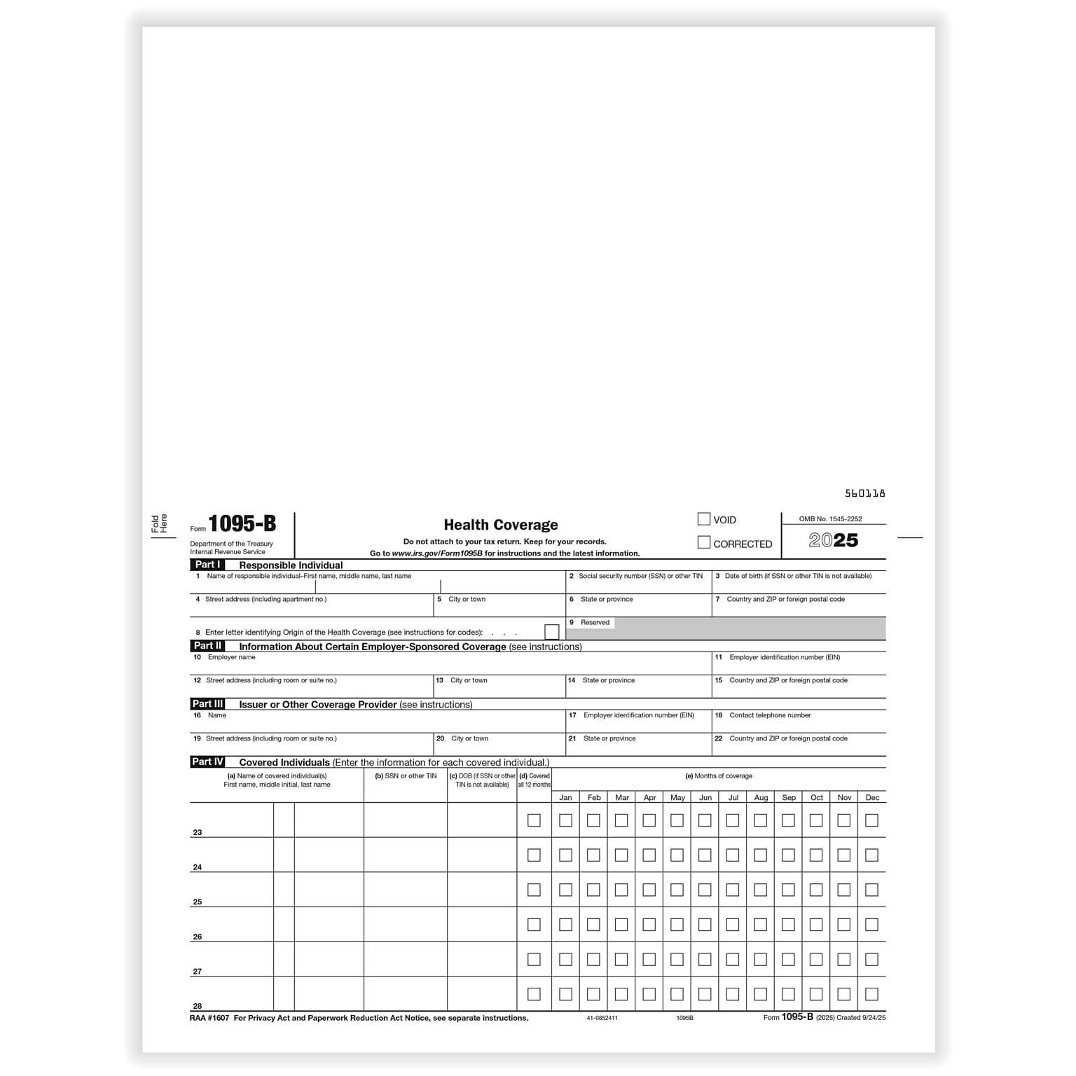 ComplyRight 2025 1095-B Tax Form, 1-Part, White/Black, 500/Pack (1095B500)