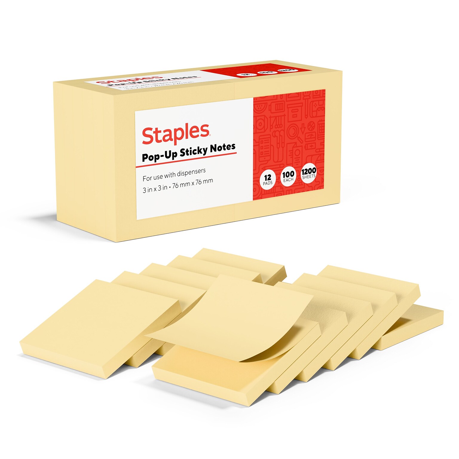 Stickies Pop-Up Standard Notes, 3 x 3 Yellow, 100 Sheets/Pad, 12 Pads/Pack (S33YRP12/52563)