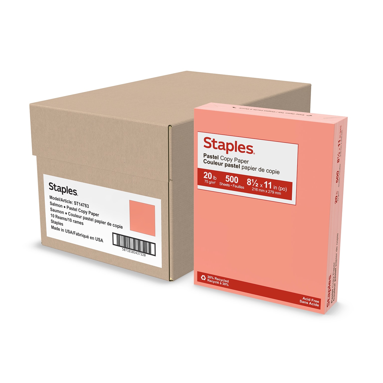 Staples Pastel 30% Recycled Color Copy Paper, 20 lbs., 8.5 x 11, Salmon, 500 Sheets/Ream, 10 Reams/Carton (073030CT)