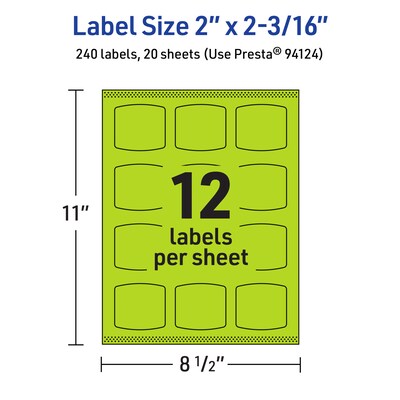 Avery Laser/Inkjet Multipurpose Square Labels, 2" x 2-3/16", Bright Green, 240/Pack (94124)