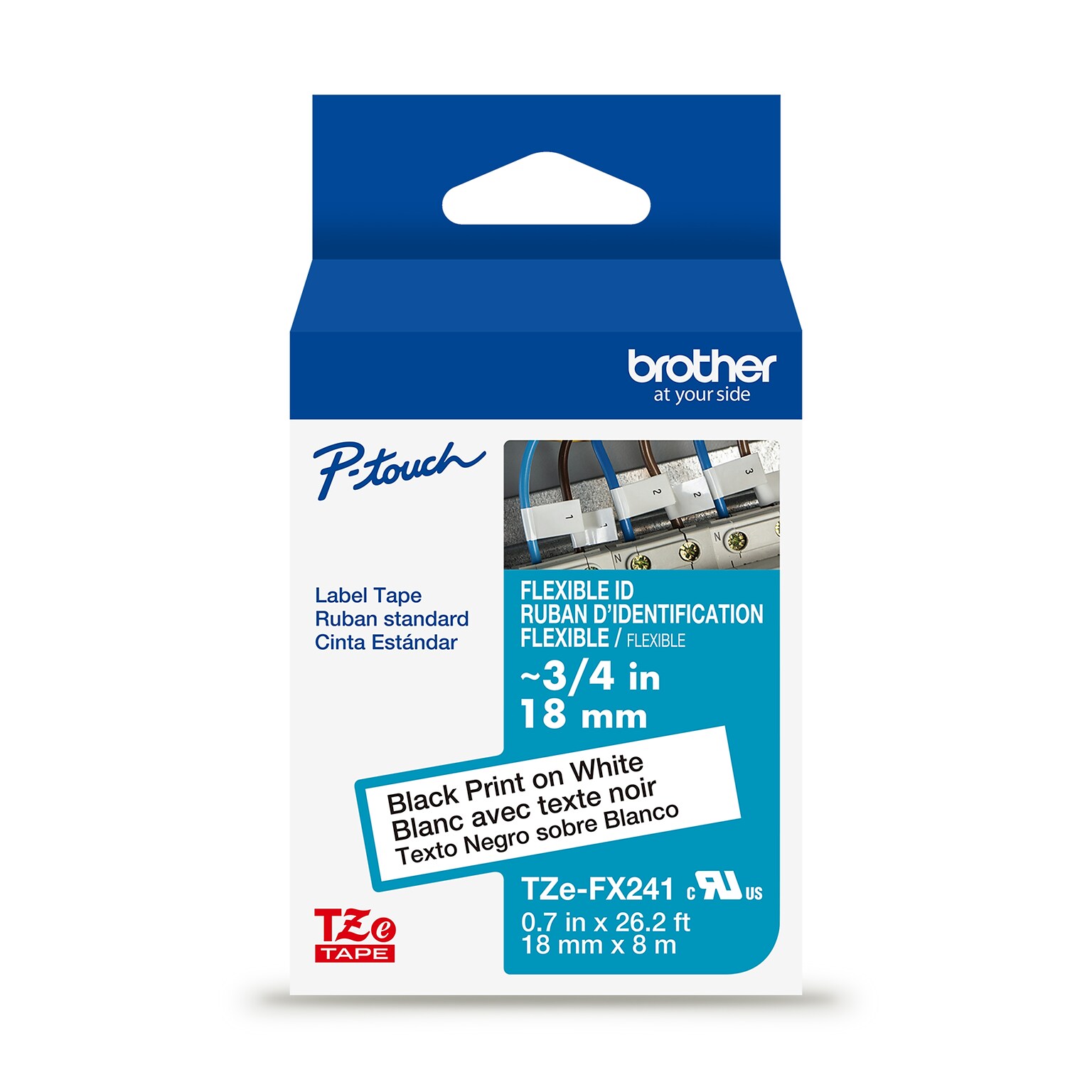 Brother P-touch Flexible ID Laminated Label Tape, ~3/4 x 26.2, Black on White (TZeFX241)