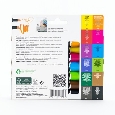 Winsor & Newton Promarker Dual-Tip Brush Alcohol Based Marker, Vibrant Tones, 12/Pack (WNX0290145)