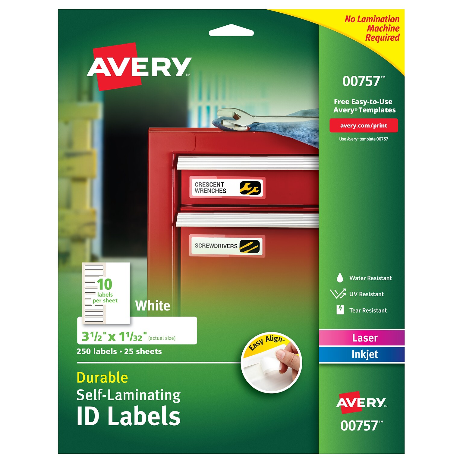 Avery Laser/Inkjet Self-Laminating ID Labels, 1-1/32 x 3-1/2, White, 10 Labels/Sheet, 25 Sheets/Pack, 250 Labels/Pack (00757)