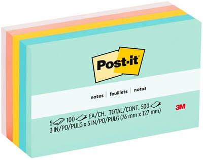 Post-it Notes, 3 x 5, Beachside Café Collection, 100 Sheet/Pad, 5 Pads/Pack (655AST)