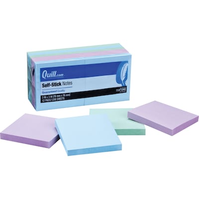 Quill Brand® Self-Stick Notes, 3" x 3", Coastal Pastel Colors, 100 Sheets/Pad, 12 Pads/Pack (733F12AQ)