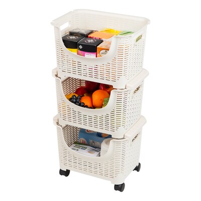 Mind Reader 3-Tier Storage Basket Cart with Wheels, Ivory, 3/Set (ROLLBASK3-IVO)