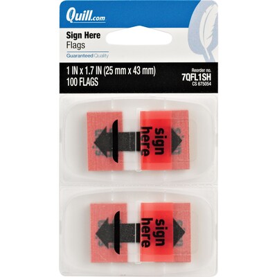 Quill Brand® Sign Here Flags , 1 Wide, Red, 100 Flags/Pack (7QFL1SH)