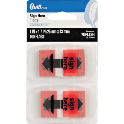 Quill Brand® Sign Here Flags , 1 Wide, Red, 100 Flags/Pack (7QFL1SH)