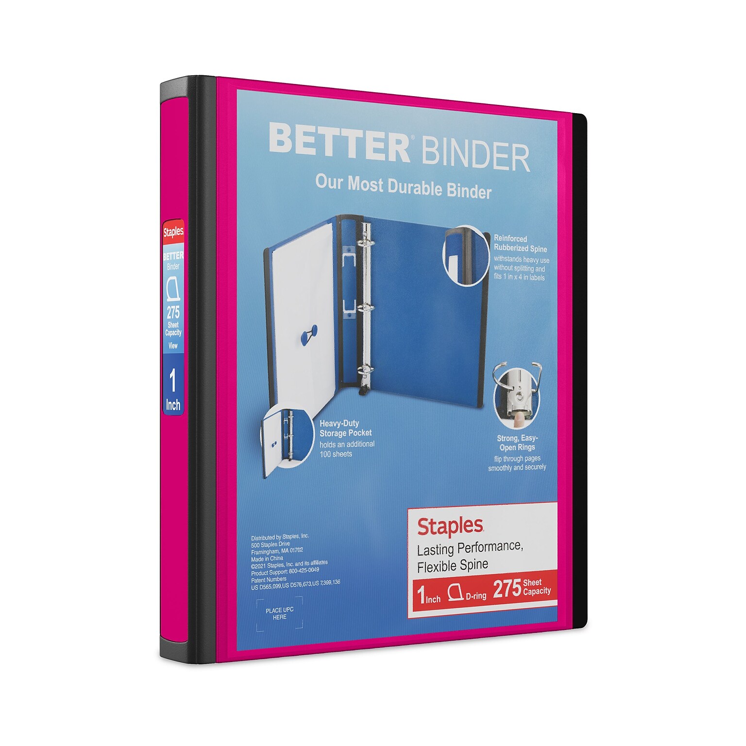 Staples Heavy Duty 1 3-Ring Better Binder, D-Ring, Pink (ST55843-CC)