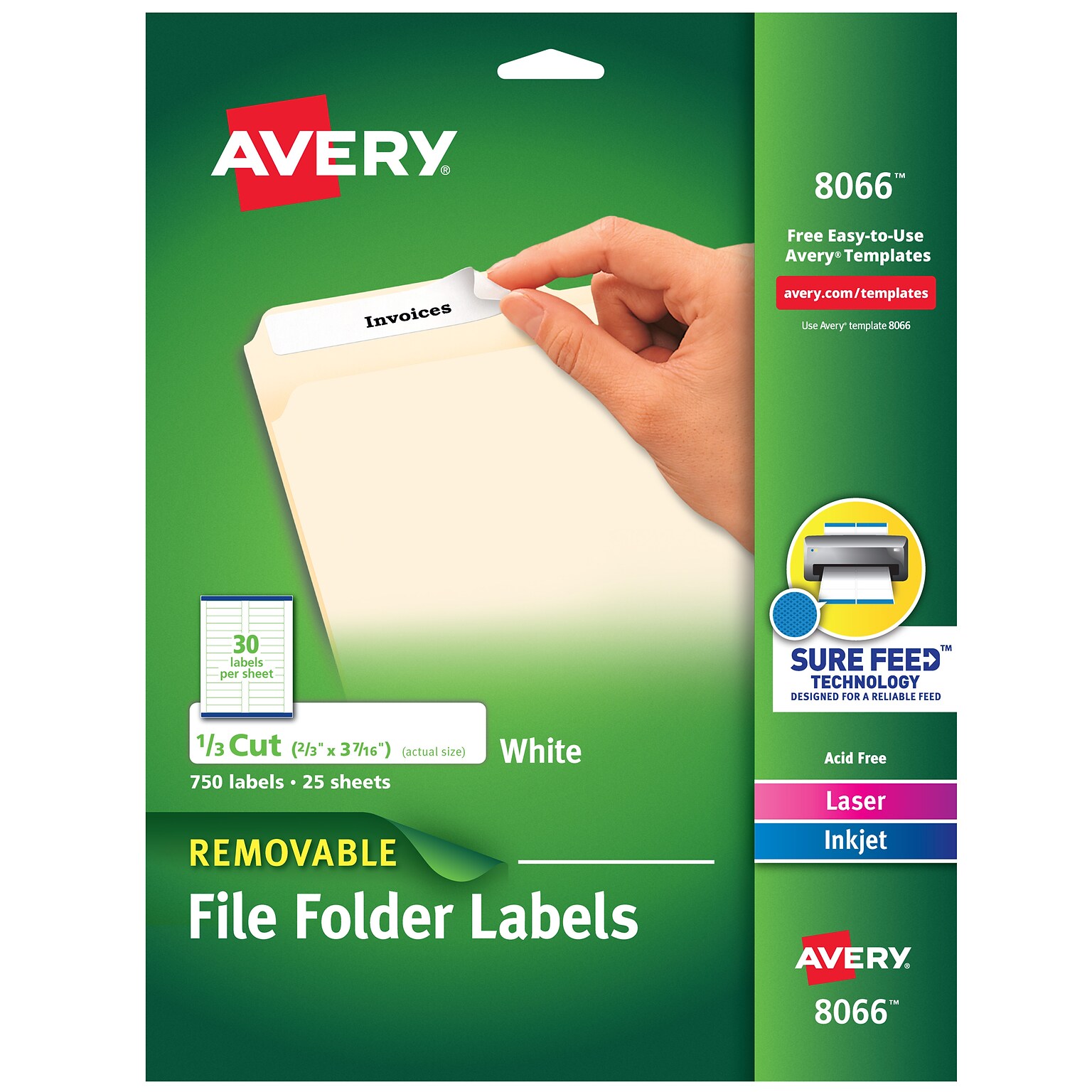 Avery Sure Feed Laser/Inkjet File Folder Labels, 2/3 x 3-7/16, White, 750 Labels/Pack (8066)