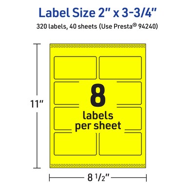 Avery Rectangle Laser/Inkjet Multipurpose Labels, 2" x 3.75", Neon Yellow (320/Box)
