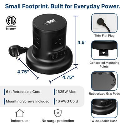 Uncaged Ergonomics Retractable Power Strip with USB-C, 4 AC Outlets, 4 USB Ports and 6ft Retractable Cord, Black (RC-black)