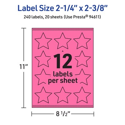 Avery Laser/Inkjet Star Multipurpose Labels, 2-1/4" x 2-3/8", Bright Pink, 240/Pack (94611)
