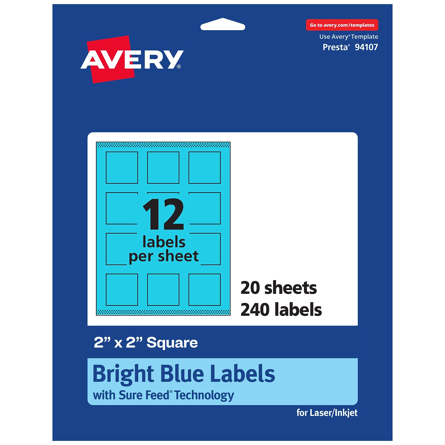 Avery Laser/Inkjet Multipurpose Square Labels, 2 x 2, Bright Blue, 240/Pack (94107)